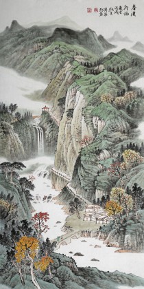 【已售】廖崧越 四尺《春溪行旅》 廣西桂林美協會員