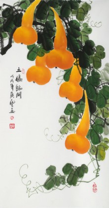 【已售】黃藝三尺招財辟邪葫蘆畫《五福臨門》