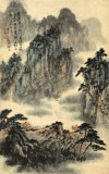何實 四尺三開《秋山煙云圖》 吉林著名山水畫家