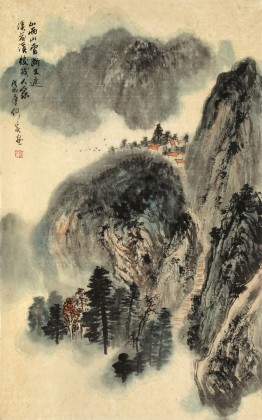 何實 四尺三開《溪山人家》 吉林著名山水畫家