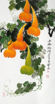 【已售】黃藝三尺招財辟邪葫蘆畫《五福臨門》
