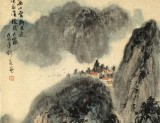 何實 四尺三開《溪山人家》 吉林著名山水畫家