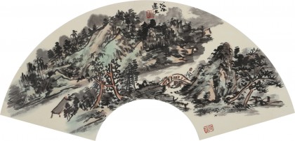 【已售】張建文 扇面《春山煙翠》 中美協會員 清華美院高研班導師