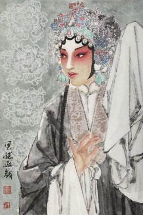 梁健 畫戲《國色天香》 當代百杰畫家 中美協會員 代表作花旦題材
