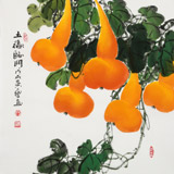 【已售】黃藝三尺斗方招財辟邪葫蘆畫《五福臨門》