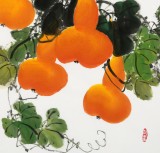 【已售】黃藝三尺斗方招財辟邪葫蘆畫《五福臨門》