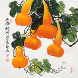 【已售】黃藝三尺斗方招財辟邪葫蘆畫《五福臨門》