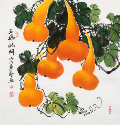 【已售】黃藝三尺斗方招財(cái)辟邪葫蘆畫《五福臨門》