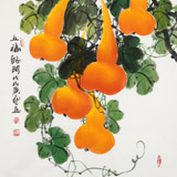 【已售】黃藝三尺斗方招財辟邪葫蘆畫《五福臨門》