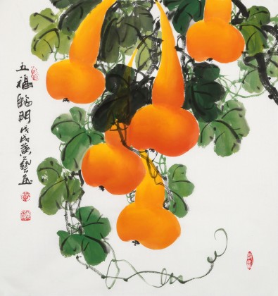 【已售】黃藝三尺斗方招財辟邪葫蘆畫《五福臨門》
