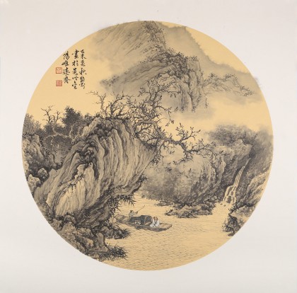 吳顯剛卡紙團扇《湖山泛舟》 貴州七星關美協主席