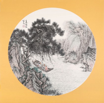 吳顯剛卡紙團扇《春江泛舟》 貴州七星關美協主席
