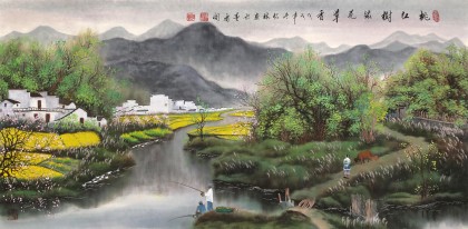 【已售】周佑林 四尺《桃紅樹綠花草香》廣西美協會員 格調清雅 意境優美
