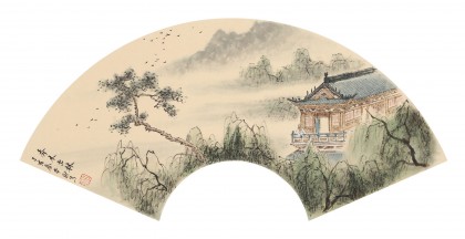 【已售】鄒本財 卡紙扇面《秀木出林》 公主嶺市美協常務副主席