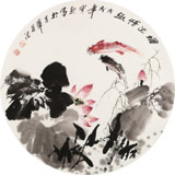 王寶欽 四尺團扇荷花《塘邊情趣》當(dāng)代花鳥牡丹畫名家（詢價）