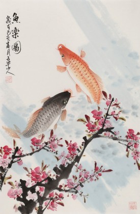 【已售】梁景欣 四尺三開《魚樂圖》 學院派畫家