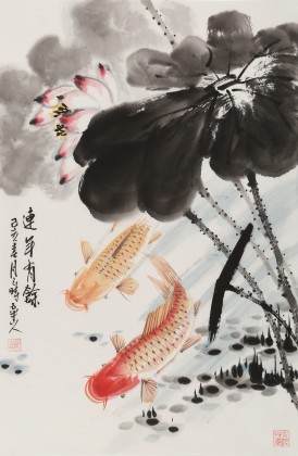 梁景欣 四尺三開《連年有余》 學院派畫家