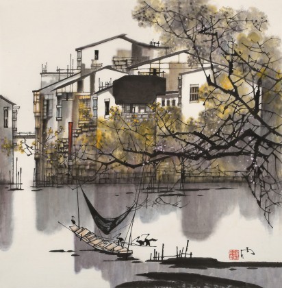 【已售】苗雨 四尺斗方《水鄉》 遼寧工美教授 師從吳冠中