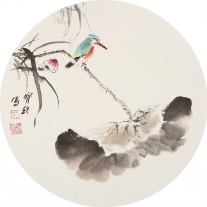 王寶欽 三尺團(tuán)扇荷花《荷香圖》當(dāng)代花鳥牡丹畫名家（詢價）