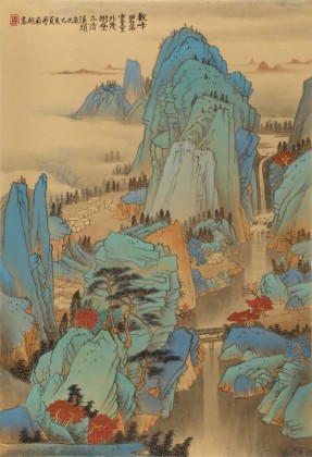 廖崧越 四尺三開青綠山水《數峰碧落云臺外》 廣西桂林美協會員