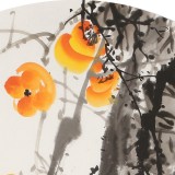 【已售】王寶欽 四尺團扇柿子《萬事如意》當代花鳥牡丹畫名家（詢價）