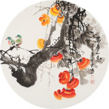 【已售】王寶欽 四尺團扇柿子《萬事如意》當代花鳥牡丹畫名家（詢價）
