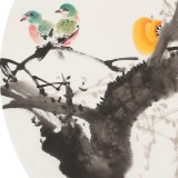【已售】王寶欽 四尺團扇柿子《萬事如意》當代花鳥牡丹畫名家（詢價）