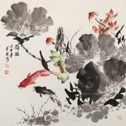 王寶欽 四尺斗方《荷趣》當代花鳥牡丹畫名家（詢價）