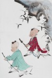 曹建濤 四尺三開《童年伙伴》 獨具特色水墨人物畫家