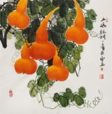 【已售】黃藝四尺斗方招財辟邪葫蘆畫《五福臨門》