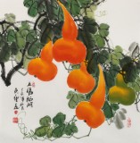 【已售】黃藝四尺斗方招財辟邪葫蘆畫《五福臨門》