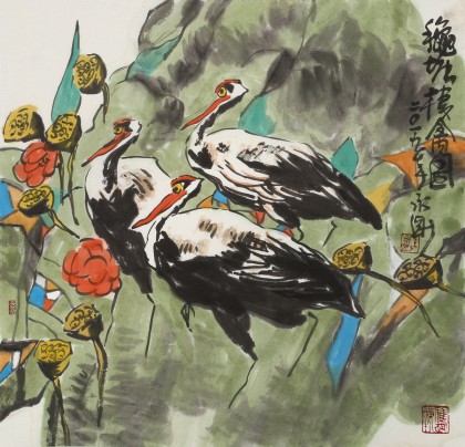 王永剛 三尺斗方《荷塘棲禽圖》 78歲國家一級美術(shù)師