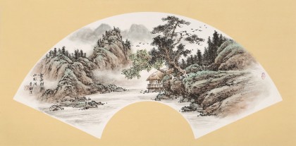 【已售】鄒本財 卡紙扇面《書聲朗朗山水間》 公主嶺市美協常務副主席