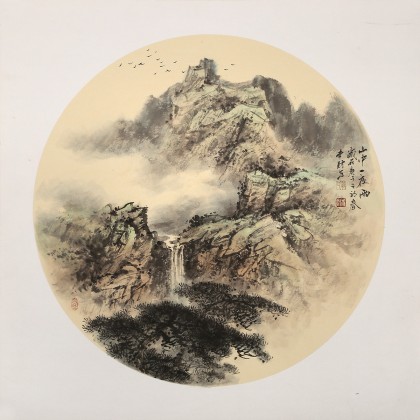 【已售】鄒本財 團扇《山中一夜雨》 公主嶺市美協常務副主席