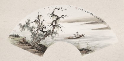 【已售】鄒本財 卡紙扇面《秋江萬里舟自橫》 公主嶺市美協常務副主席