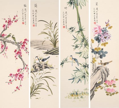 【已售】凌雪 四條屏《梅蘭竹菊》 北京美協會員