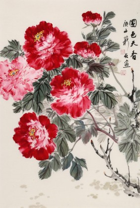 【已售】陳薪名 四尺三開《國色天香》 中美協會員 第六屆全國花鳥畫展金獎獲得者